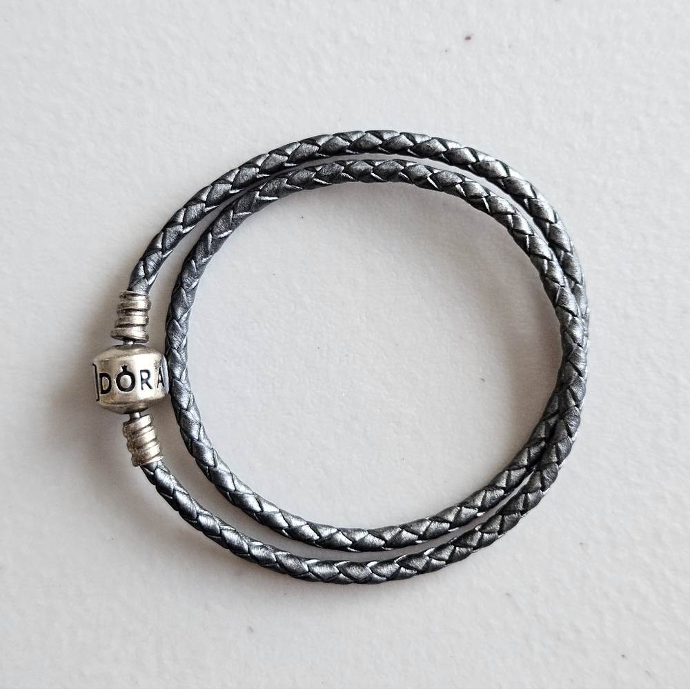 Pandora Silver Grey Double Wrap Braided Leather Bracelet 13.5 inch